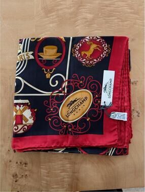 Longchamp Paris Silk Scarf with Red and Black Pattern